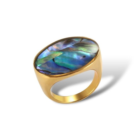 NEW Statement Cocktail Ring Sz.7 18K Gold Plated Oval Abalone Shell Iridescent - Picture 1 of 10
